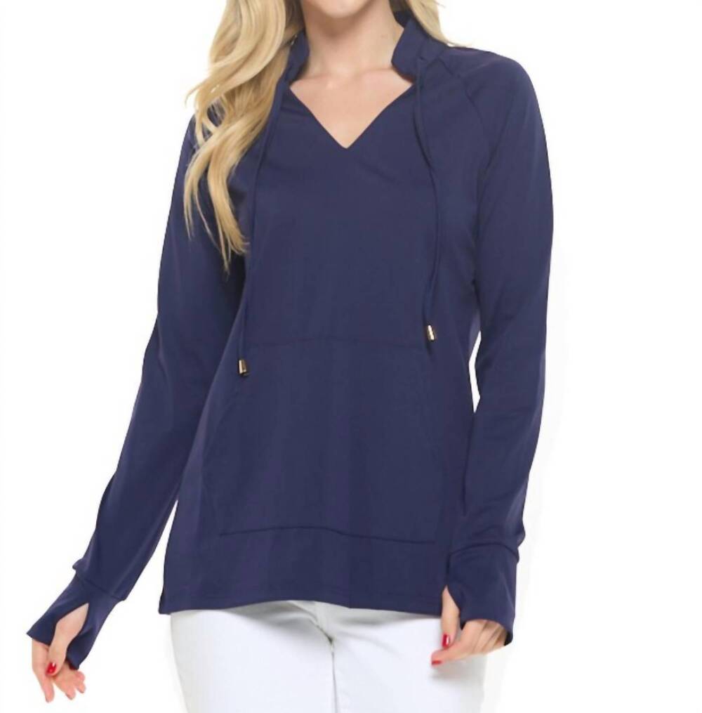 NEW ARYEH split v-neck with high stand collar pullover top - plus in navy